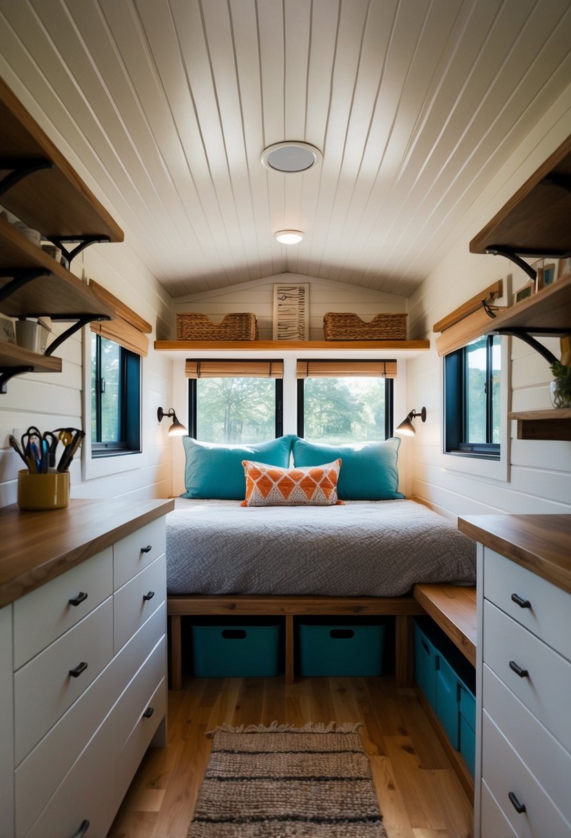 A cozy bedroom in a tiny house with clever storage solutions: under-bed drawers, wall-mounted shelves, and multi-functional furniture