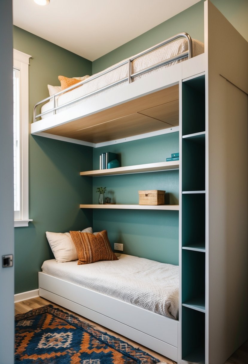 A lofted bed with built-in shelves and hanging organizers, maximizing vertical space in a tiny bedroom