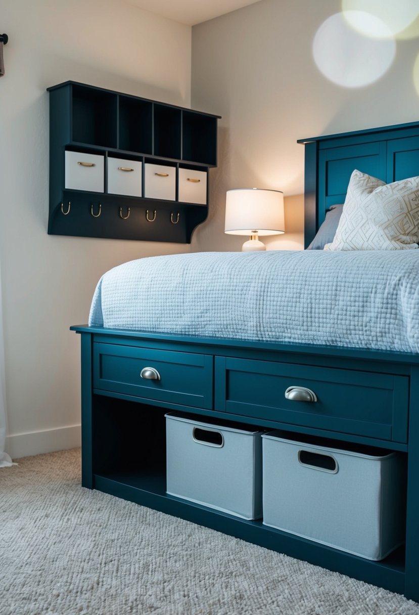 A bed with built-in drawers and shelves, under-bed storage containers, and a wall-mounted storage unit with compartments and hooks