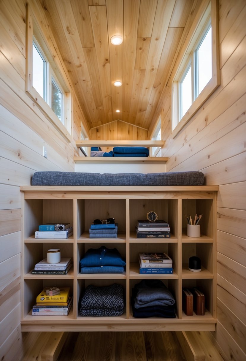 A loft in a tiny house with built-in storage compartments for clothing, books, and other personal items