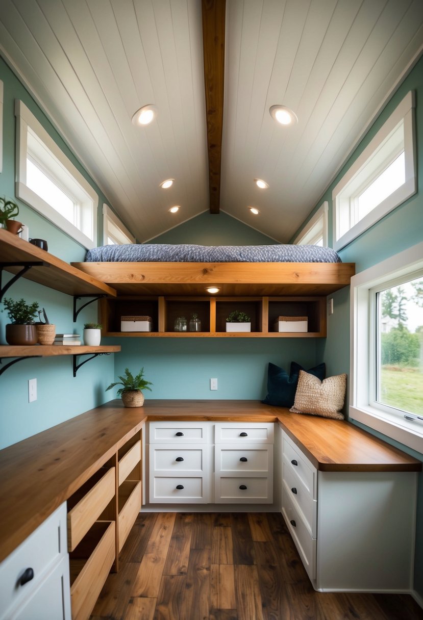 A cozy loft in a tiny house with built-in storage options, including shelves, drawers, and hidden compartments for organization and functionality