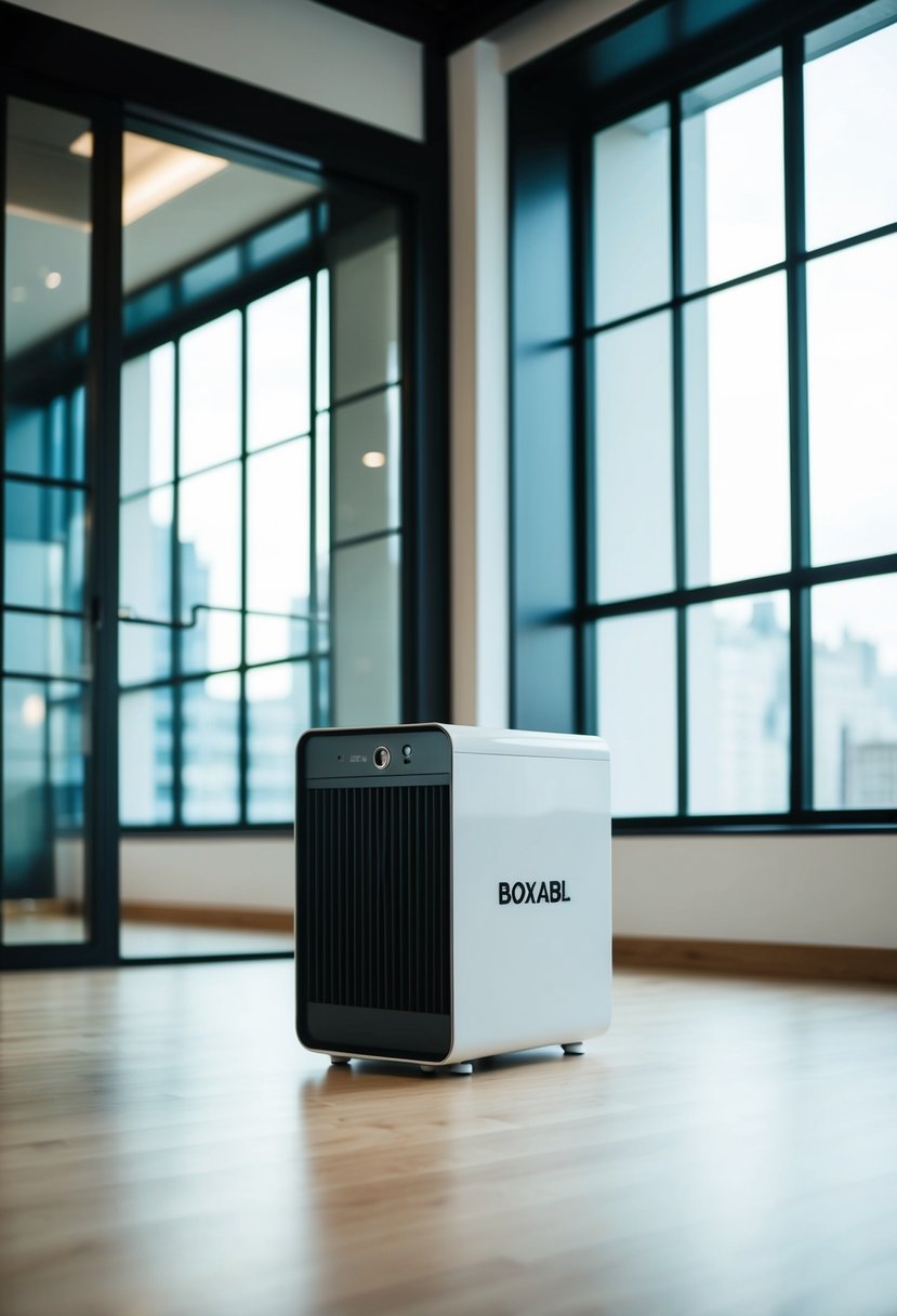 A compact, modern Boxabl unit sits in a spacious, well-lit room with large windows, showcasing its sleek design and versatility