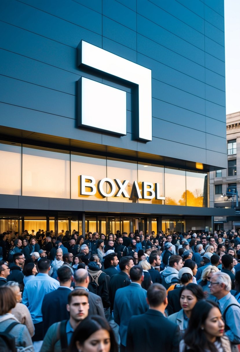 A sleek, modern building with a large "Boxabl" logo on the front, surrounded by a bustling crowd of people eagerly waiting