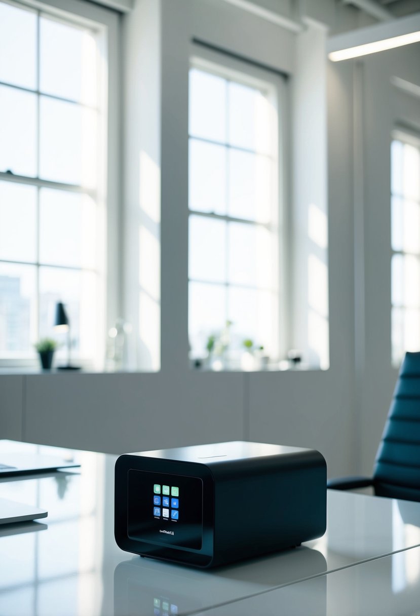 A futuristic, minimalist office with a sleek, black Boxabl unit on a desk. Bright natural light streams through the windows, casting a soft glow on the compact, high-tech device