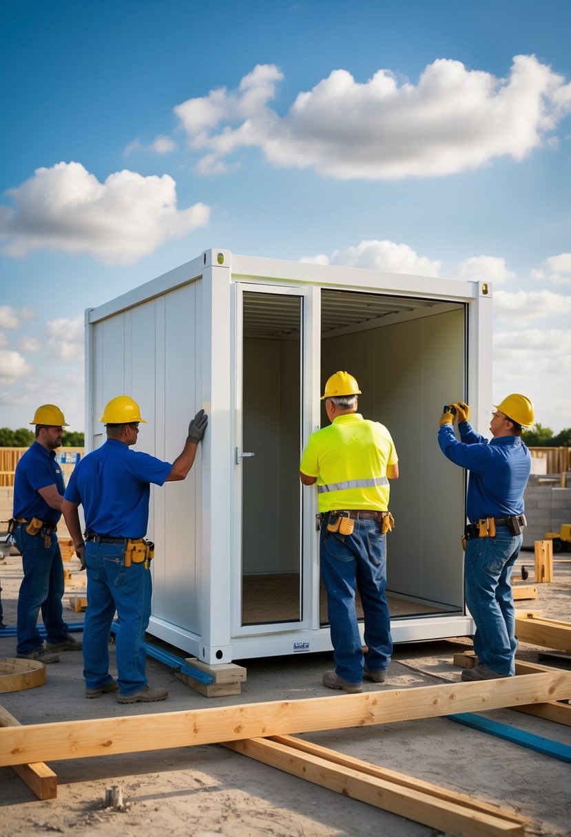 A Boxabl unit being assembled on a construction site, surrounded by workers and housing industry professionals