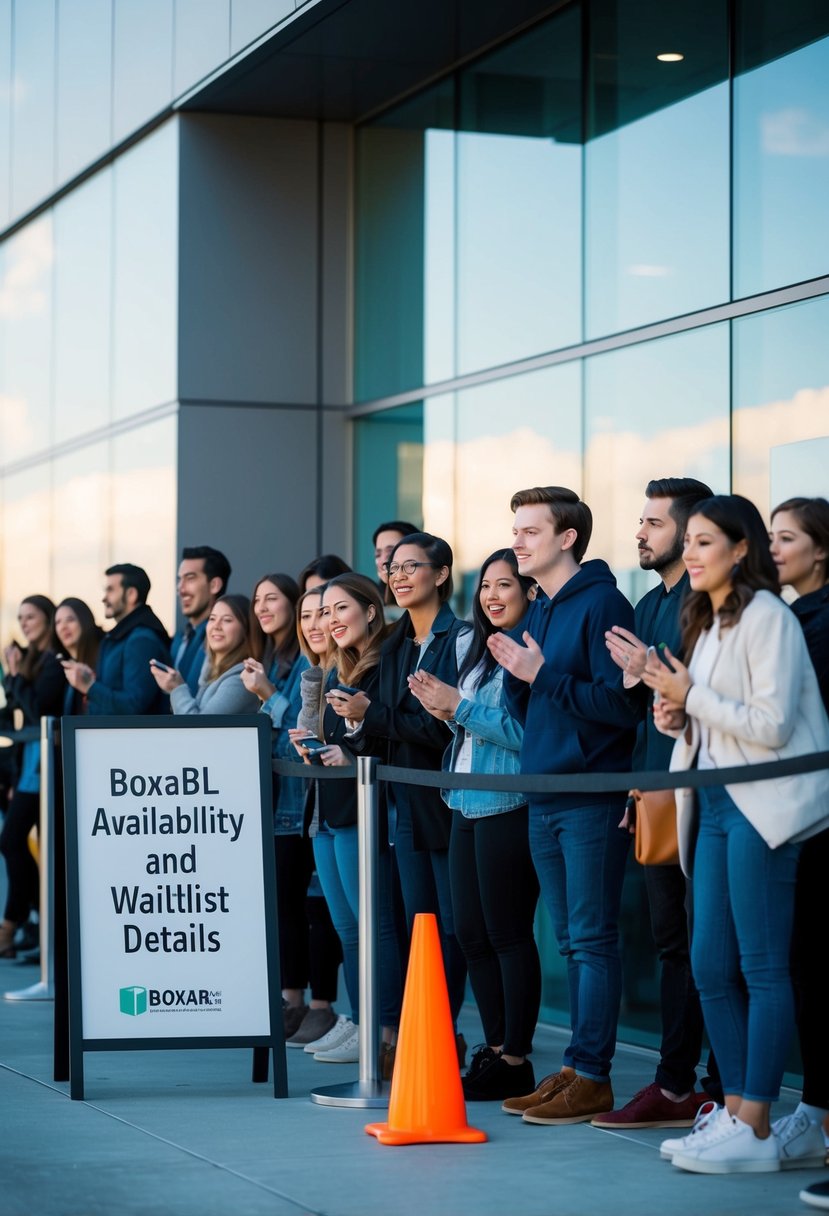 A group of people eagerly waiting in line outside a modern, sleek building with a sign displaying "Boxabl Availability and Waitlist Details."