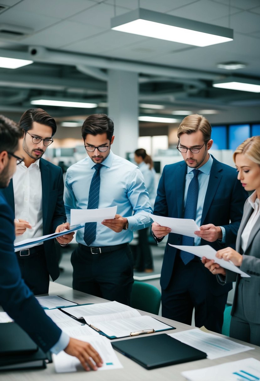 A bustling office with employees reviewing documents and discussing regulations