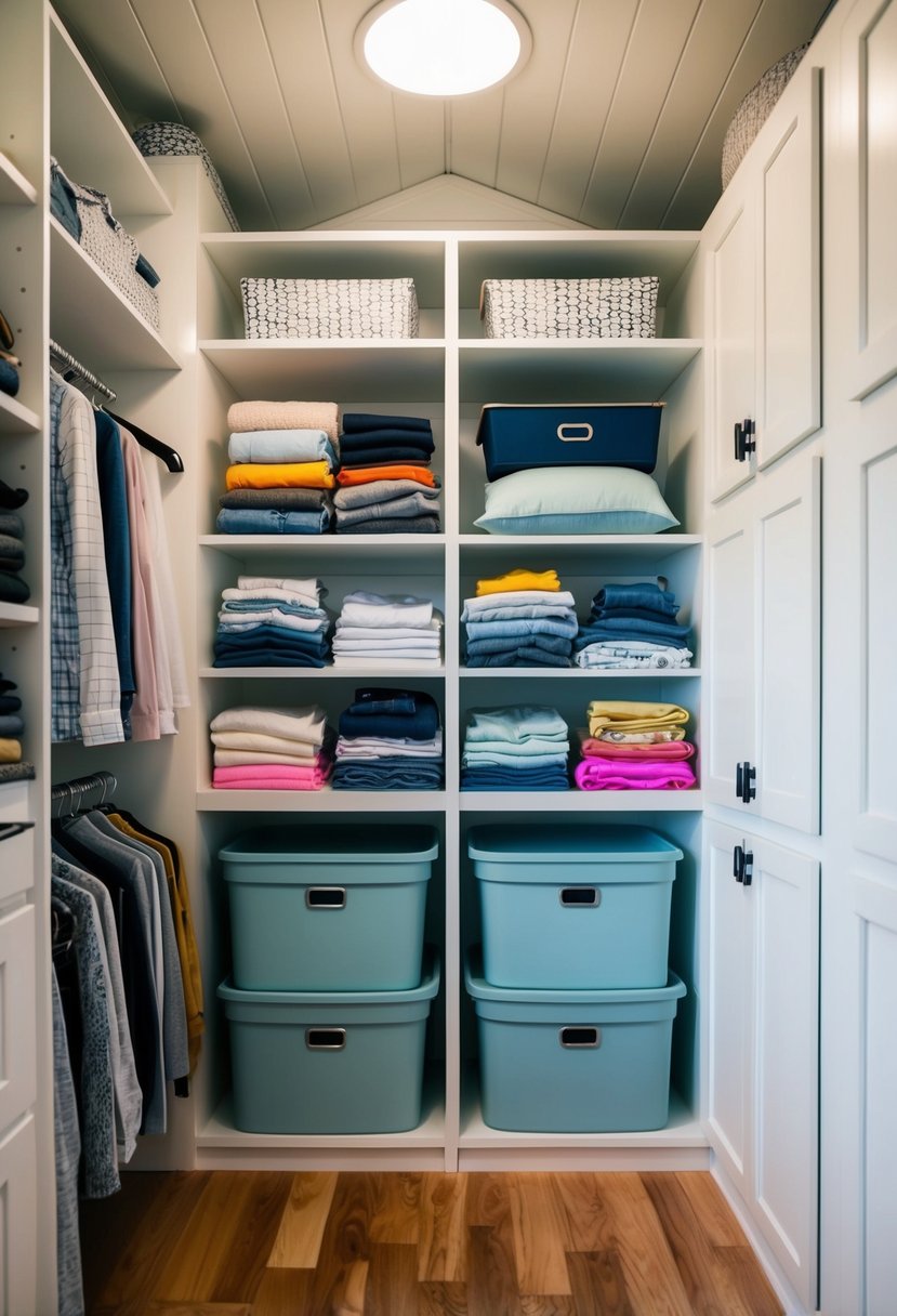 Open shelves filled with neatly folded clothes and carefully arranged storage bins contrast with closed cabinets in a cozy tiny house closet