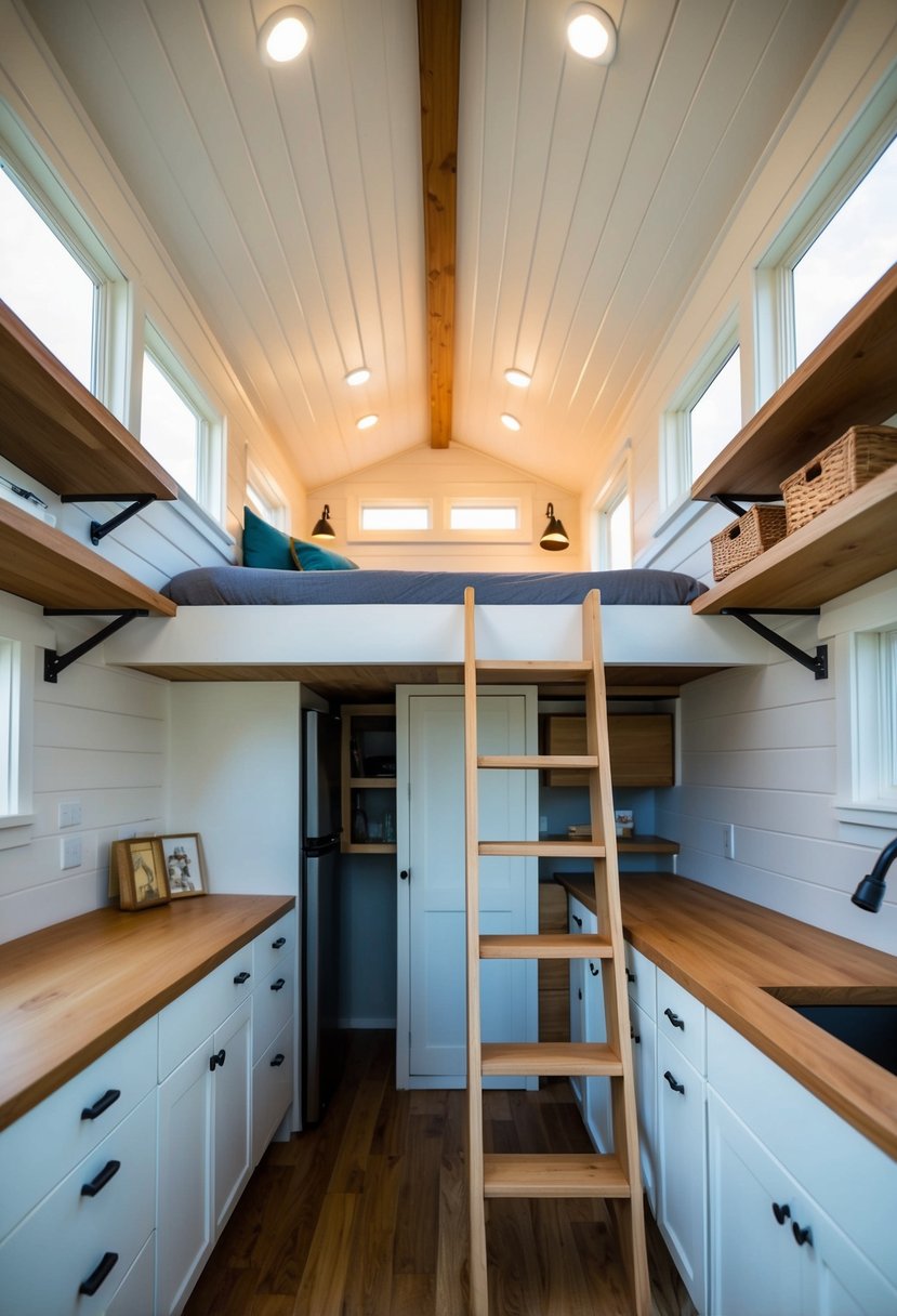 A loft in a tiny house with clever storage solutions, including built-in shelves, drawers, and cabinets. A ladder leads up to the cozy sleeping area