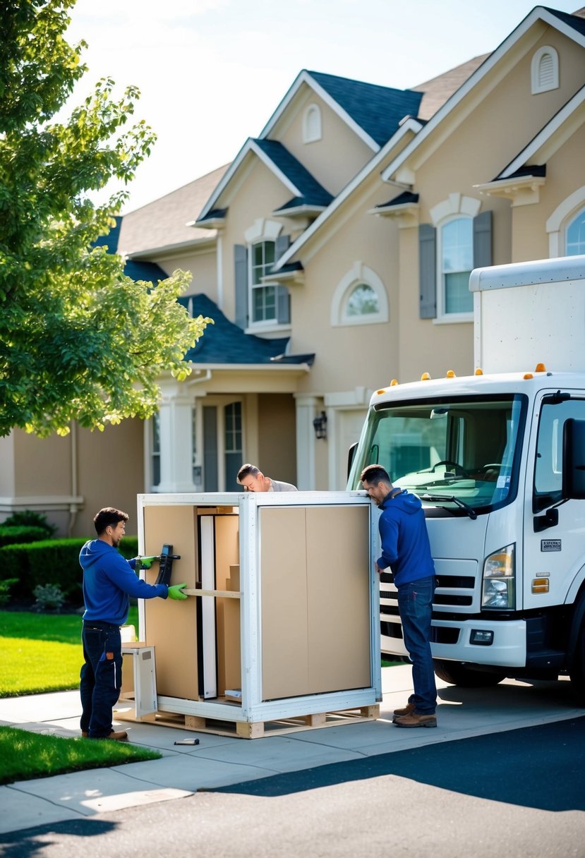 A delivery truck parked outside a suburban home, with workers assembling a Boxabl unit on the driveway