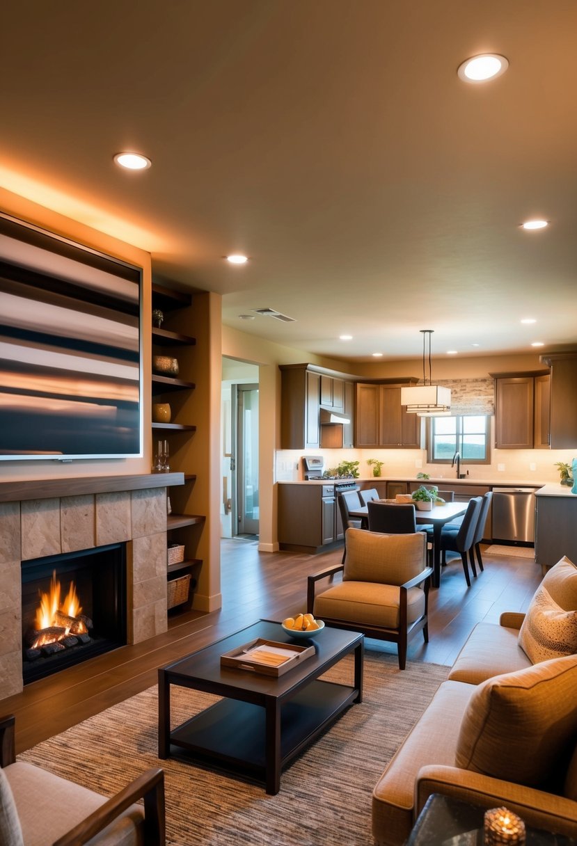 A warm, inviting living room with a crackling fireplace and comfortable seating, leading to a spacious kitchen and dining area in a 2-bedroom casita floor plan