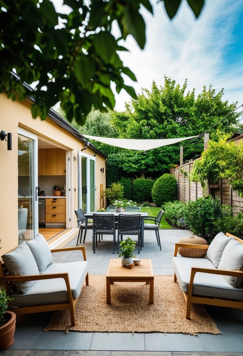 A cozy living room with open kitchen, two bedrooms, and a small patio with a garden view