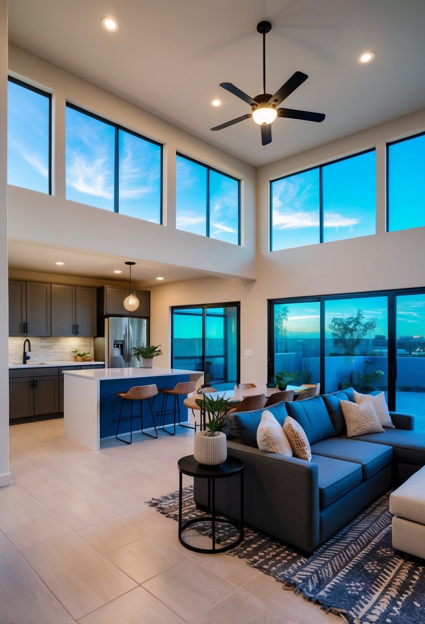 A modern 2 bedroom casita with open floor plan and spacious living area, featuring a kitchen island and large windows for plenty of natural light