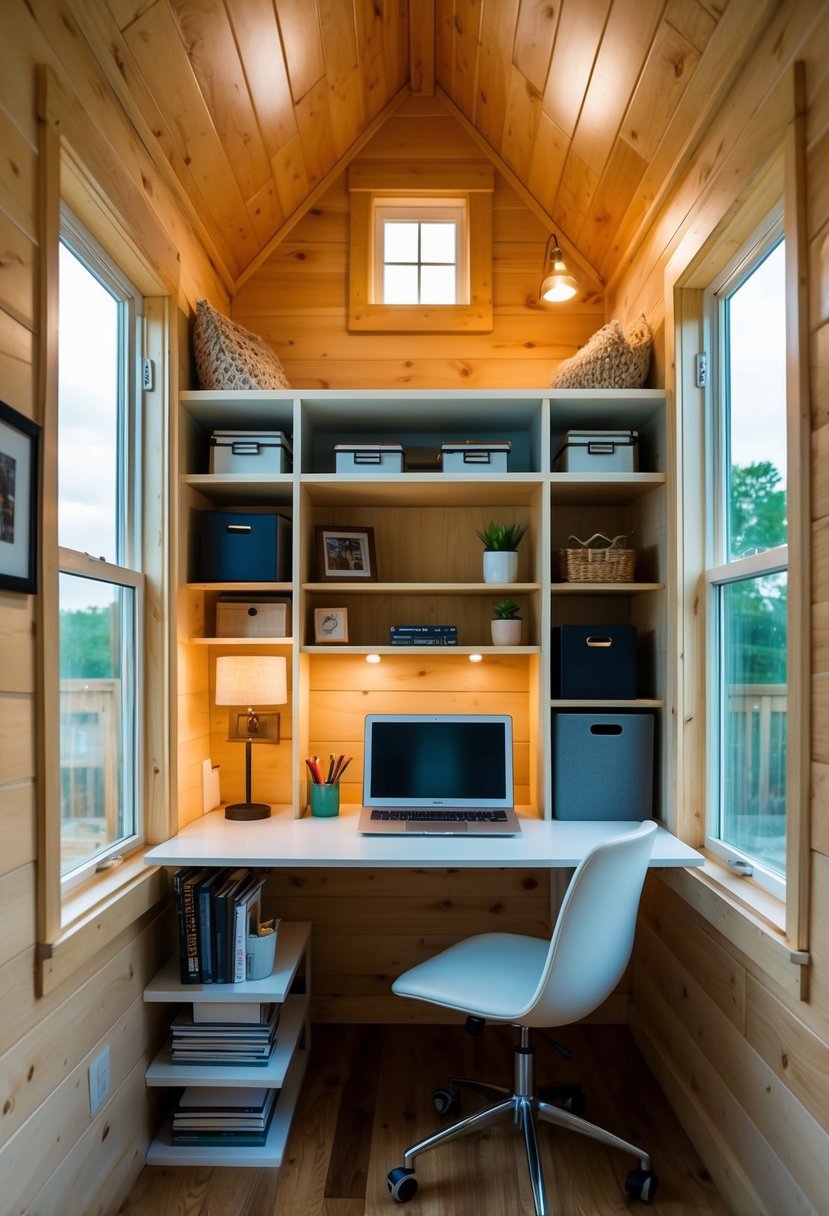 A cozy loft office in a tiny house, with clever storage solutions maximizing the small space