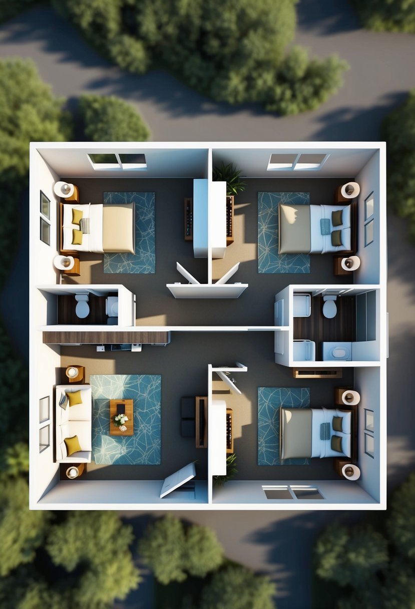 A bird's-eye view of a 2-bedroom casita floor plan with open living spaces and separate bedrooms