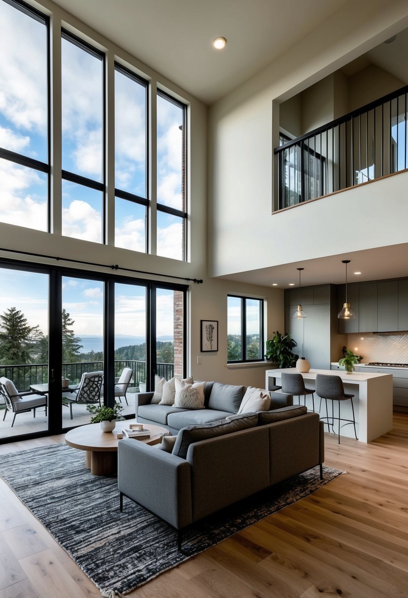 A cozy living room with high ceilings and large windows, connecting to a modern kitchen and dining area. A private patio with scenic views