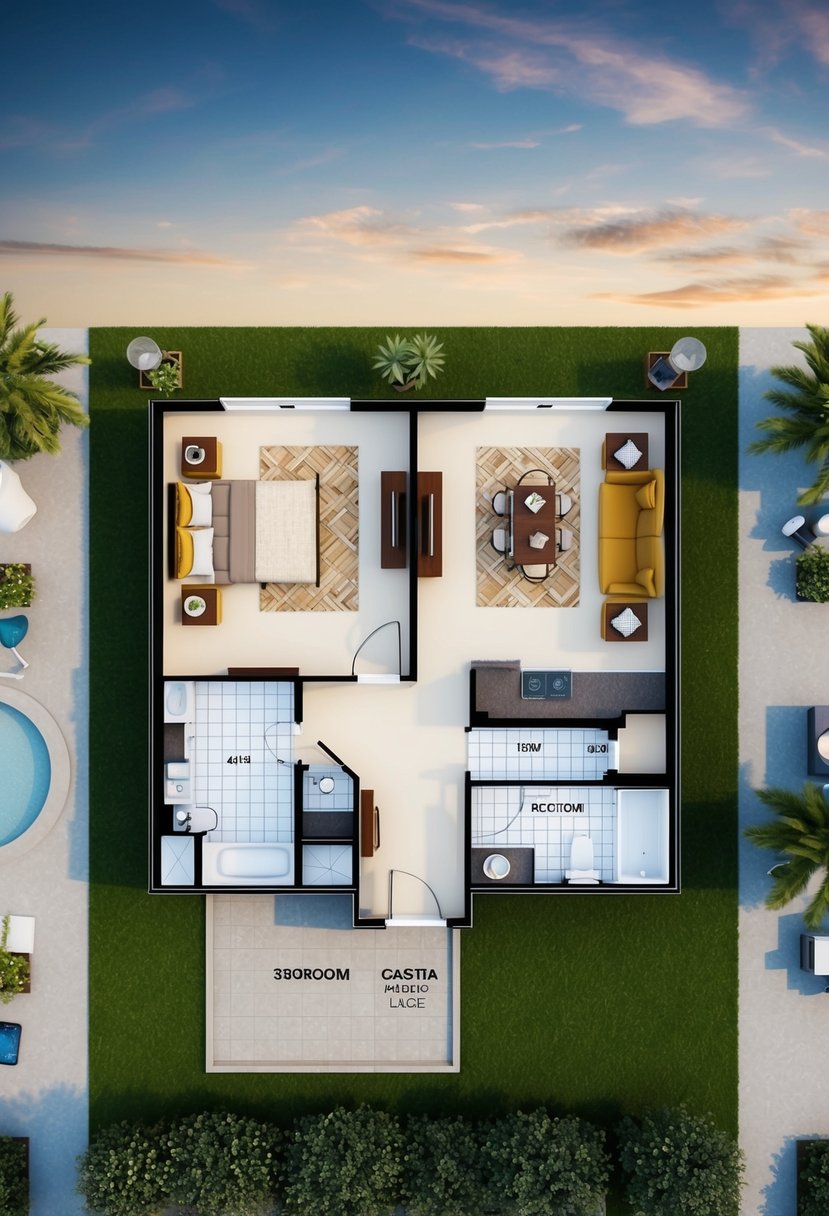 A bird's-eye view of a 2-bedroom casita floor plan with detailed layout options, including furniture placement and room dimensions