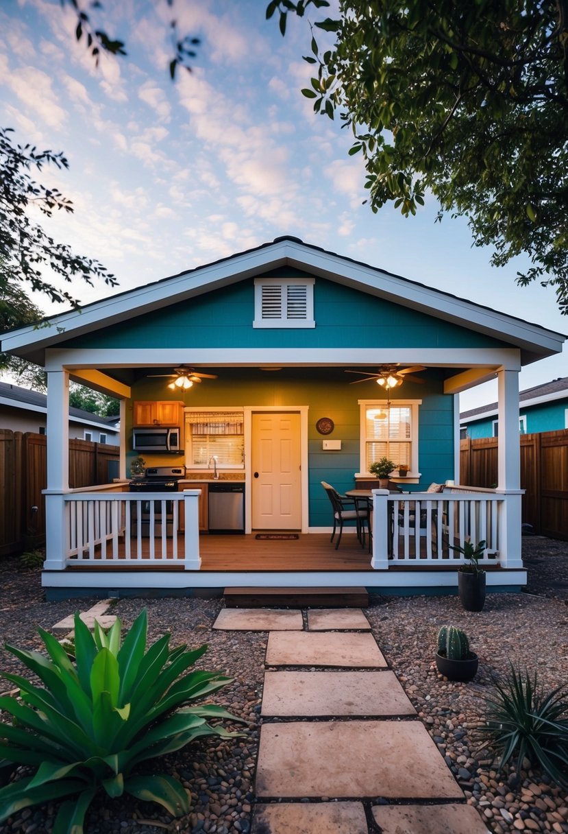 A cozy 2-bedroom casita with a spacious living area, kitchen, and two small bedrooms. The floor plan includes a front porch and a backyard patio