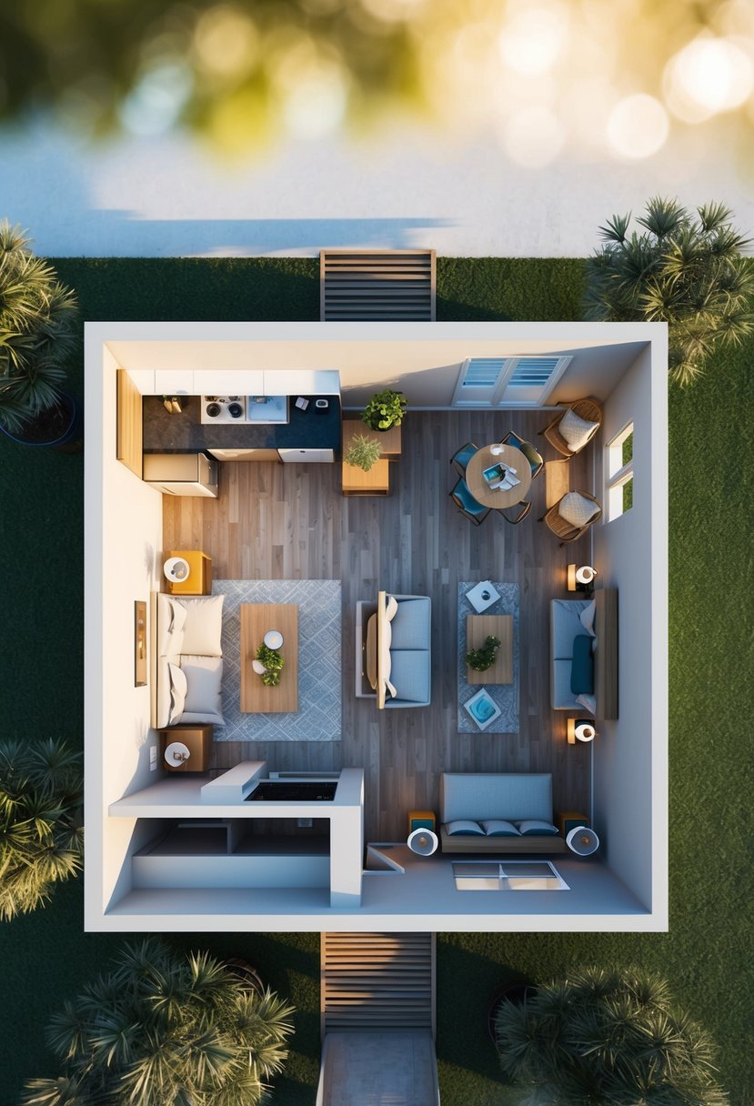 A bird's-eye view of a cozy 1-bedroom casita floor plan with an open living space, kitchen, and bathroom