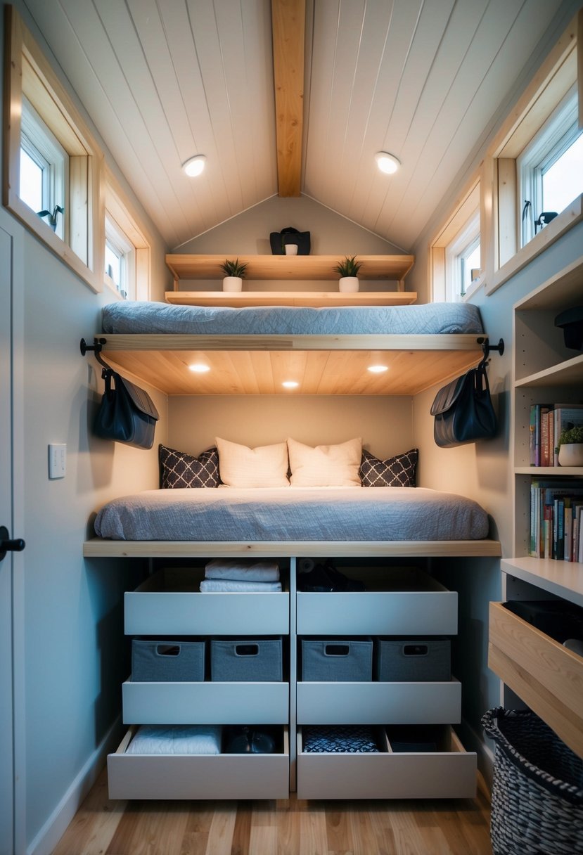 A loft with clever storage solutions: wall-mounted shelves, under-bed drawers, and hanging organizers for a tiny house