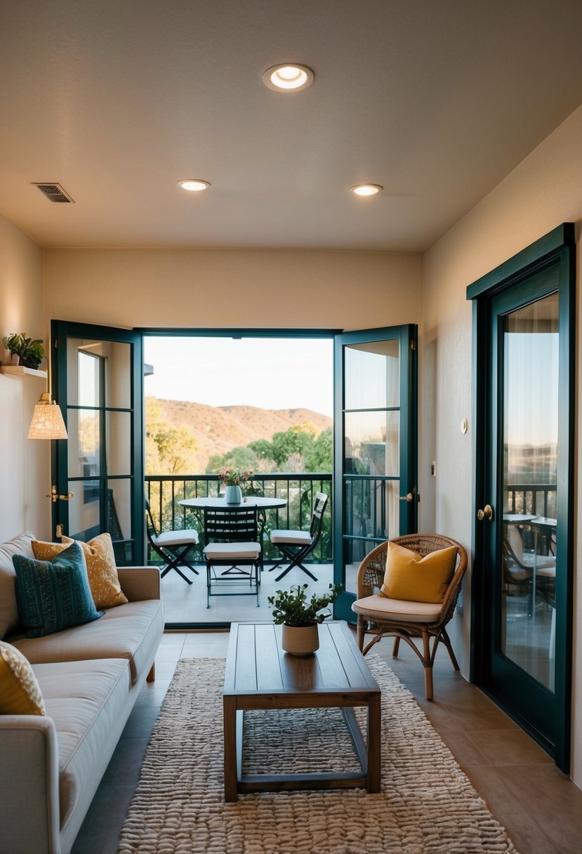 A cozy 1-bedroom casita with an open floor plan, featuring a living area, kitchen, and dining space. French doors lead to a private outdoor patio