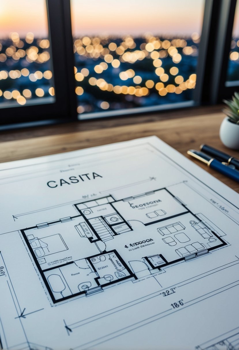 A blueprint of a 1-bedroom casita floor plan with detailed measurements and layout