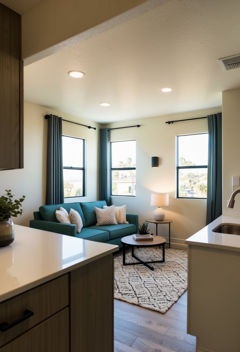 A cozy one-bedroom casita with an open floor plan, featuring a living area, kitchen, bedroom, and bathroom. Windows let in natural light, and the space is furnished with modern decor