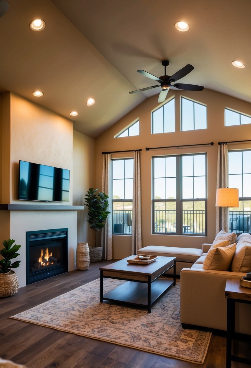 A warm and inviting 1-bedroom casita floor plan with a spacious living area, a cozy fireplace, and large windows allowing plenty of natural light to enter