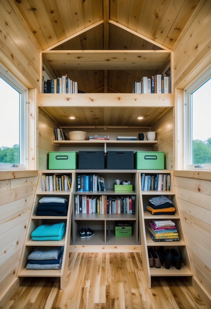 A loft in a tiny house with creative storage solutions for books, clothes, and other items