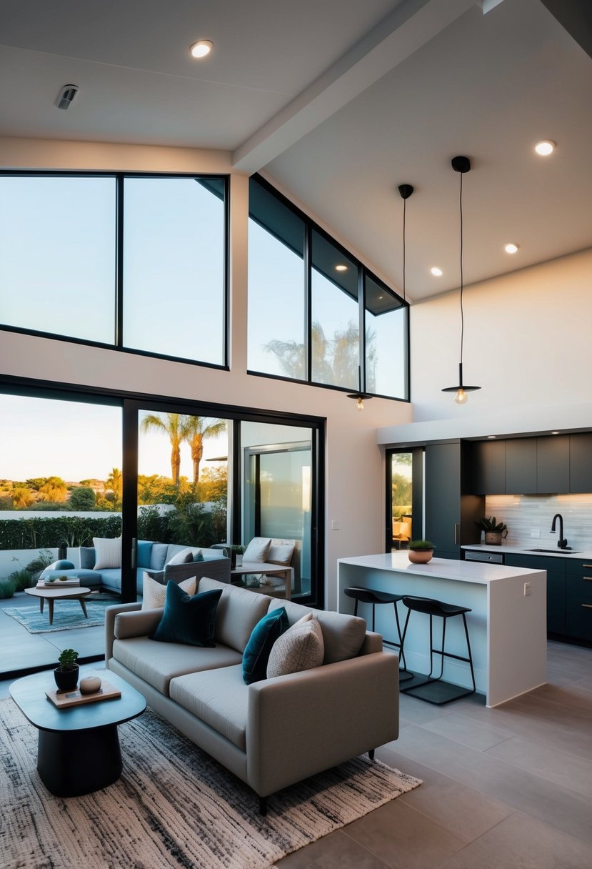 A modern casita with open floor plan, featuring a spacious bedroom, sleek kitchen, and cozy living area with large windows