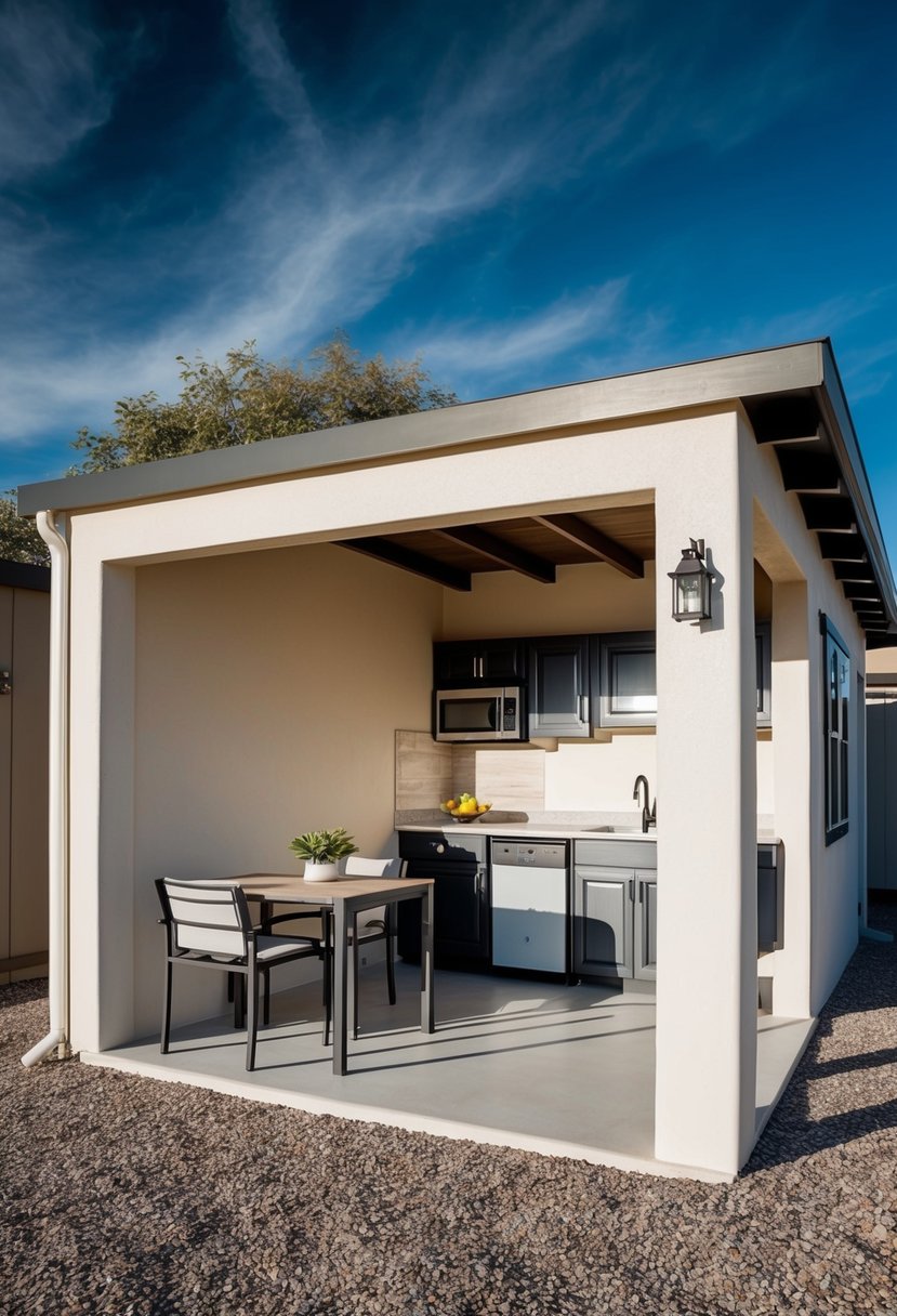 A one-bedroom casita with a spacious living area, kitchenette, and bathroom. The floor plan adheres to construction and building codes