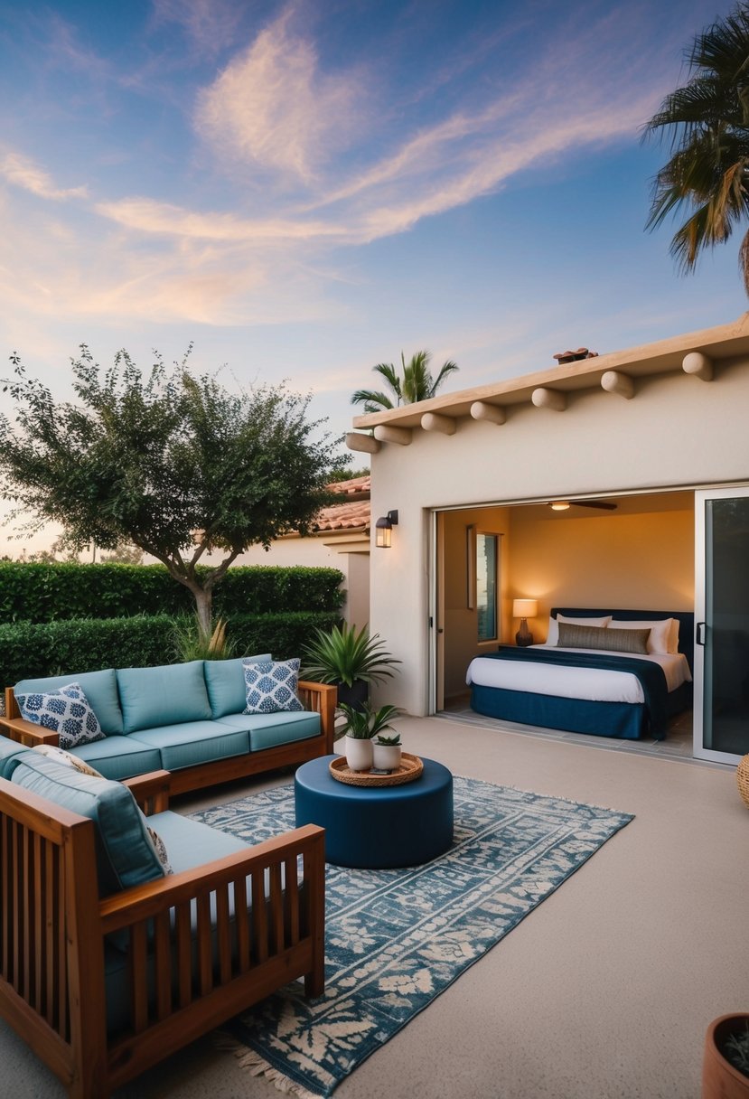 A bird's eye view of a simple 1-bedroom casita floor plan with open living space, kitchen, bedroom, and bathroom