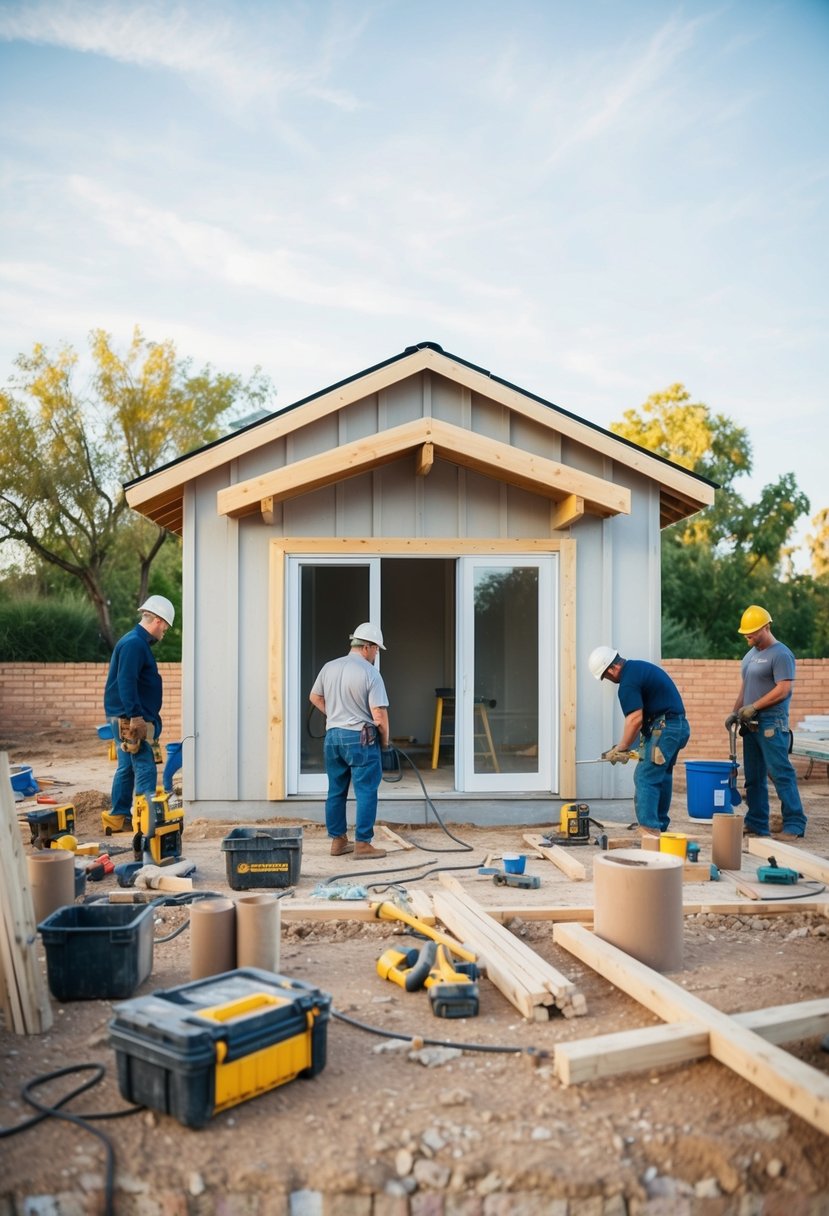 A small casita being constructed with workers, tools, and building materials scattered around the site