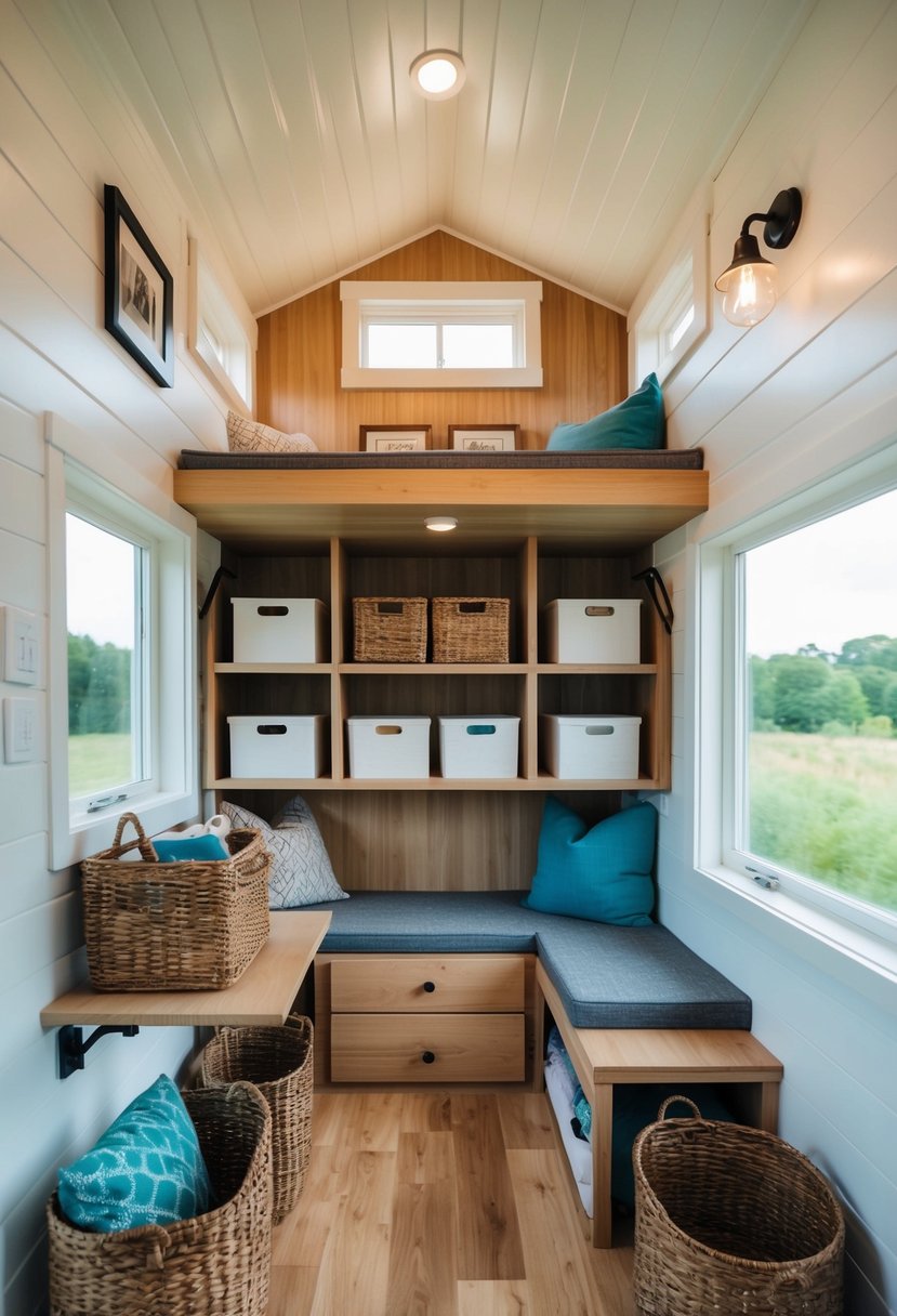 A loft in a tiny house with clever storage solutions, including shelves, hooks, and baskets, neatly organizing items