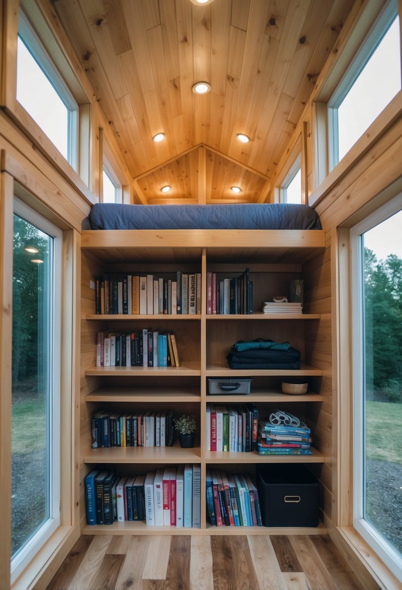 A loft in a tiny house with built-in storage compartments for books, clothes, and other items