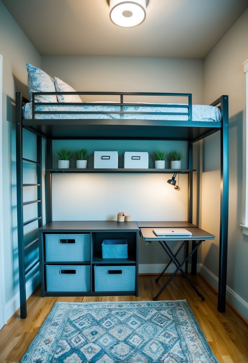 A small bedroom with a loft bed, under-bed storage bins, wall-mounted shelves, and a foldable desk with storage compartments