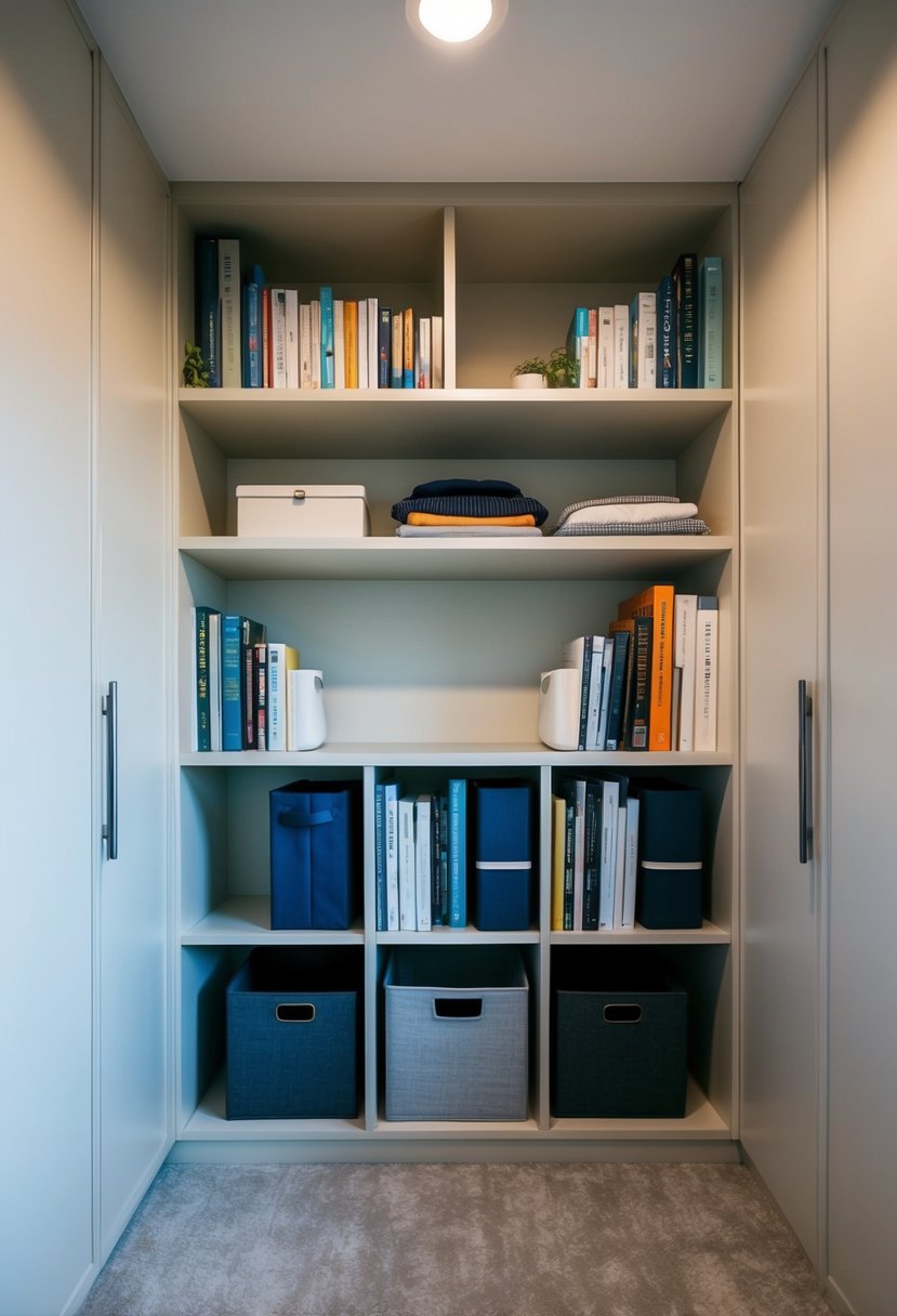 A small bedroom with built-in shelves and cabinets, neatly organized with books, clothing, and storage bins