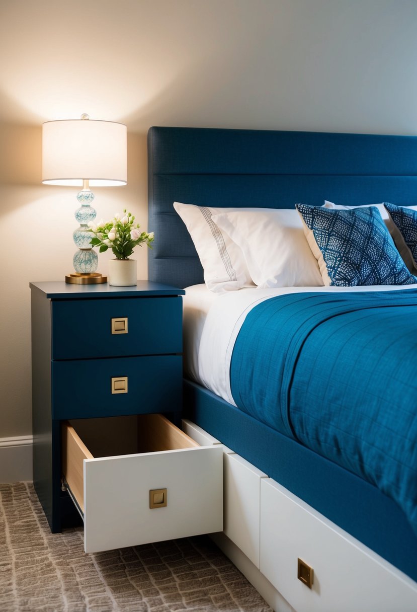 A bed with built-in drawers and a nightstand with hidden compartments, maximizing storage in a small bedroom