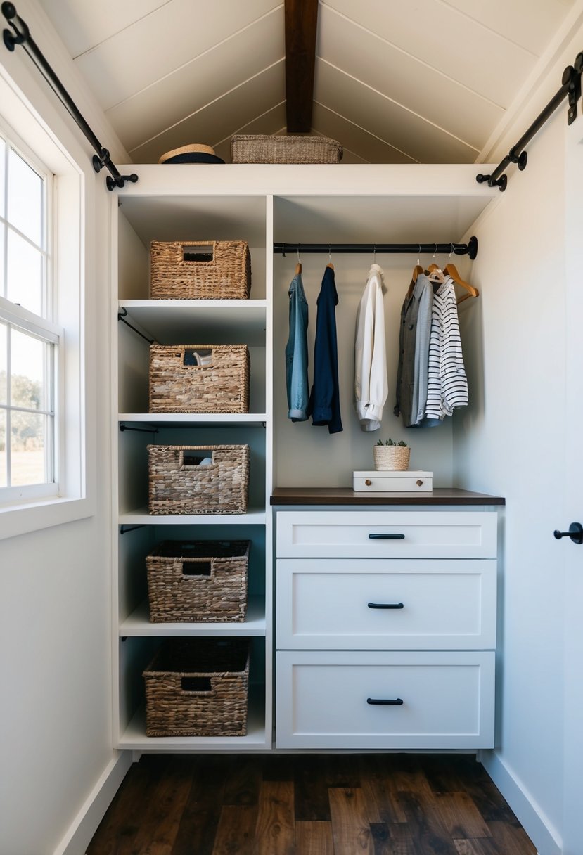 A tiny house closet with clever storage solutions: hanging shelves, pull-out drawers, under-shelf baskets, and adjustable rods for maximum organization