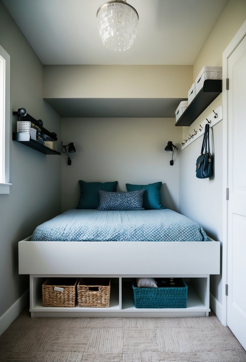 A small bedroom with a raised bed and built-in storage underneath. Wall-mounted shelves and hooks for organization