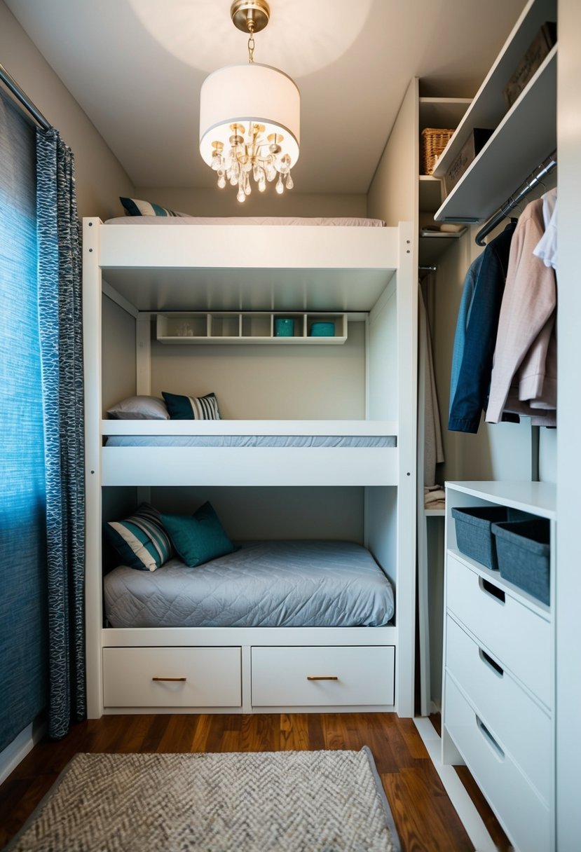 A small bedroom with a loft bed, under-bed storage drawers, wall-mounted shelves, and a hanging closet organizer