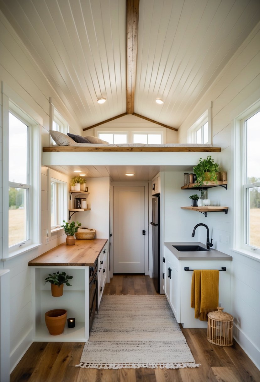 A cozy 10x12 tiny house with a loft, featuring space-saving furniture, natural light, and a neutral color palette