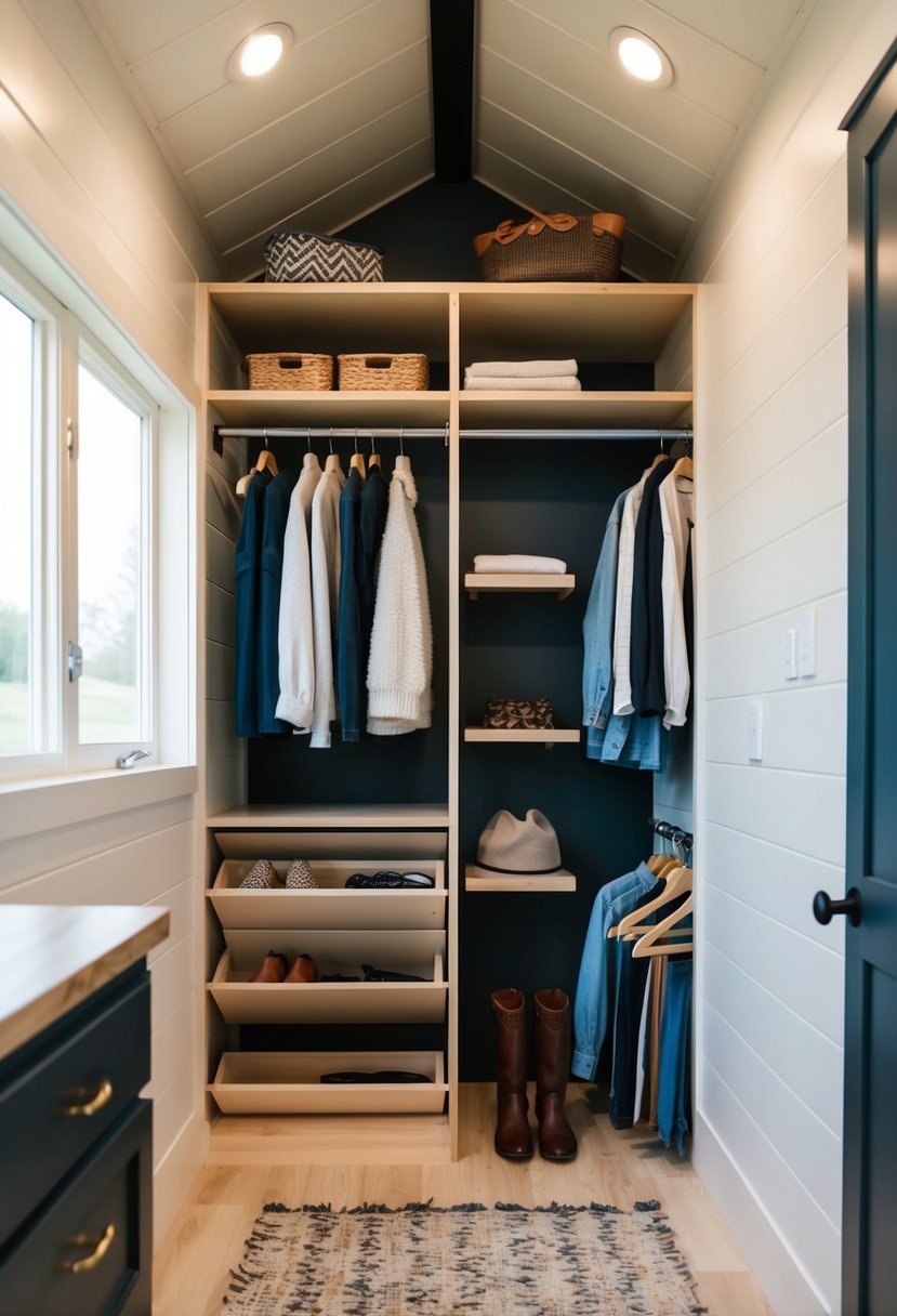 A cozy, organized closet in a tiny house, with built-in shelves, hanging space, and clever storage solutions for clothes and accessories