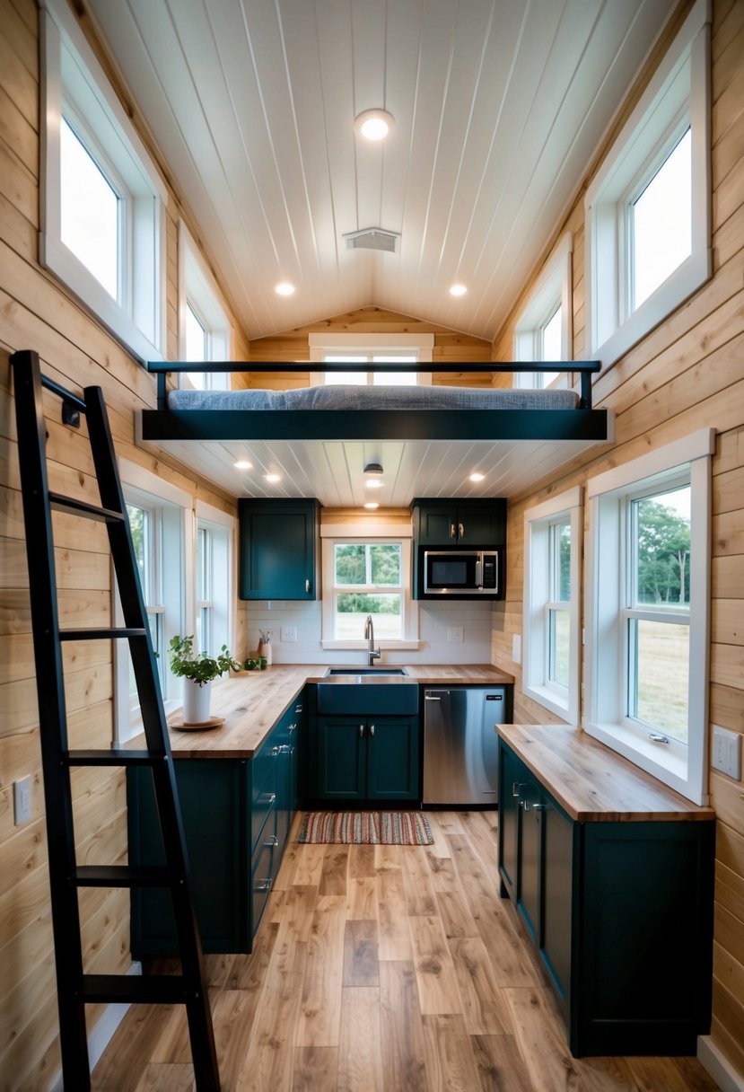 A cozy 10x12 tiny house with a loft, featuring a compact layout with a living area, kitchenette, bathroom, and ladder leading up to the loft