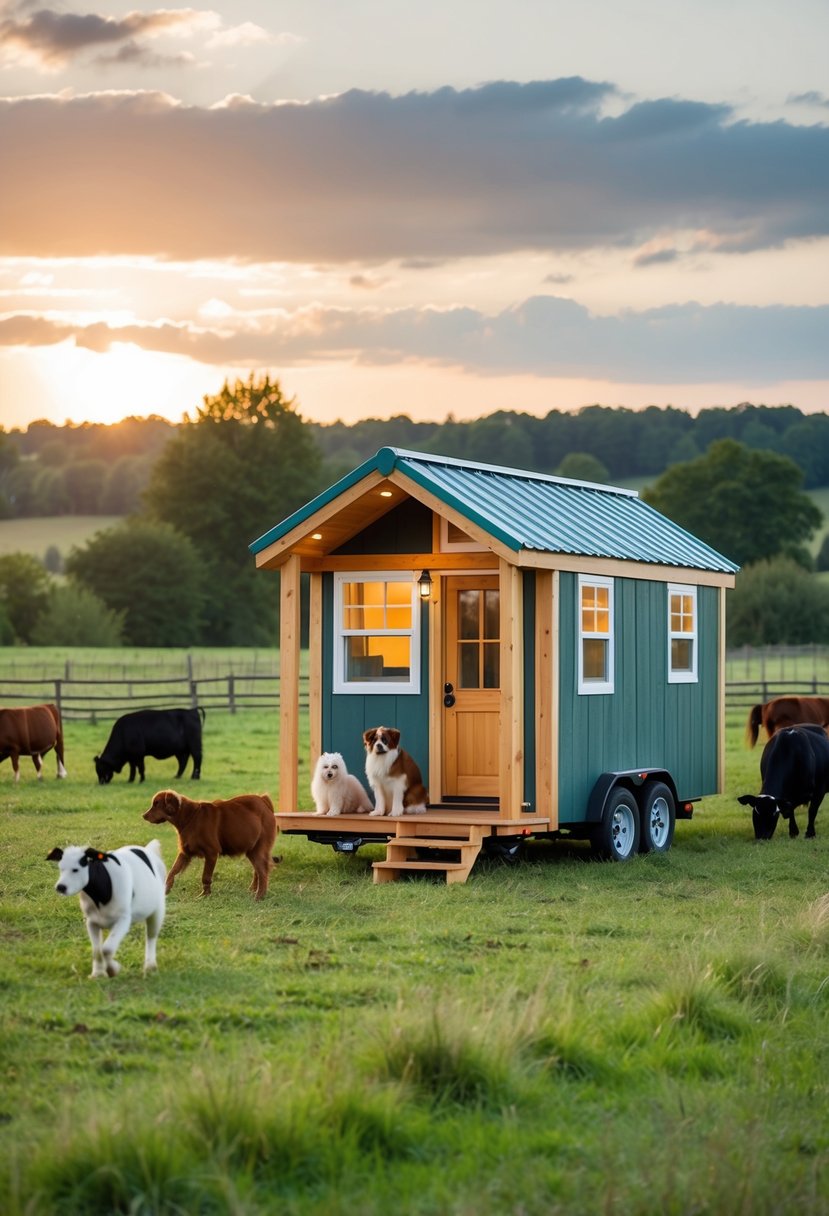 A cozy 10x12 tiny house with a loft, surrounded by playful pets and grazing livestock in a picturesque rural setting