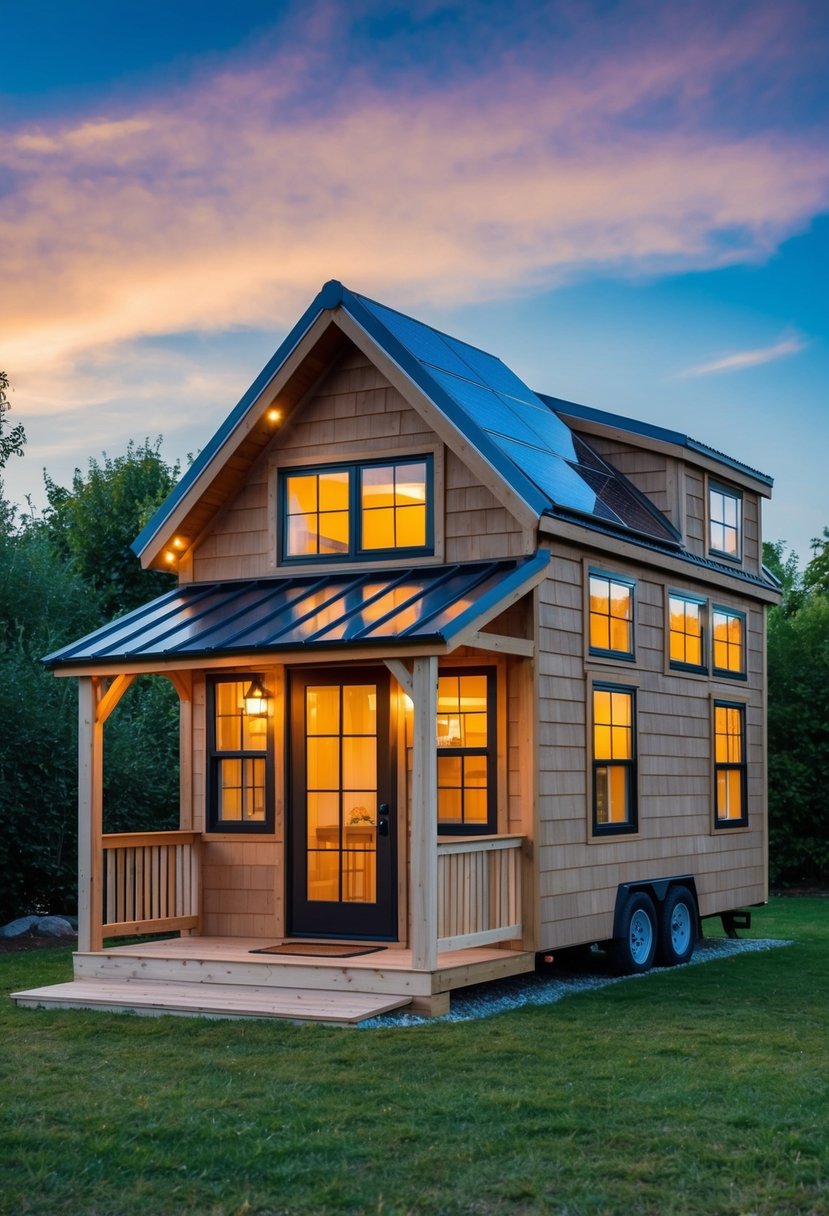 A cozy 10x12 tiny house with a loft, featuring large windows, a front porch, and a sloped roof with solar panels