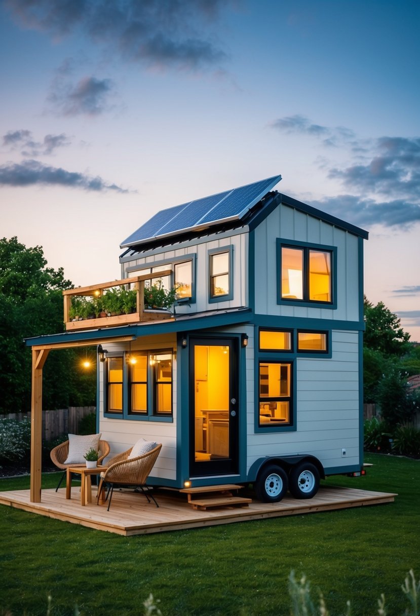 A 10x12 tiny house with a loft, featuring unique add-ons like a rooftop garden, solar panels, and a cozy outdoor seating area