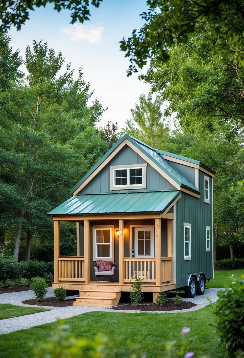 A cozy 10x12 tiny house with a loft, surrounded by trees and a small garden, with a front porch and a sloped roof