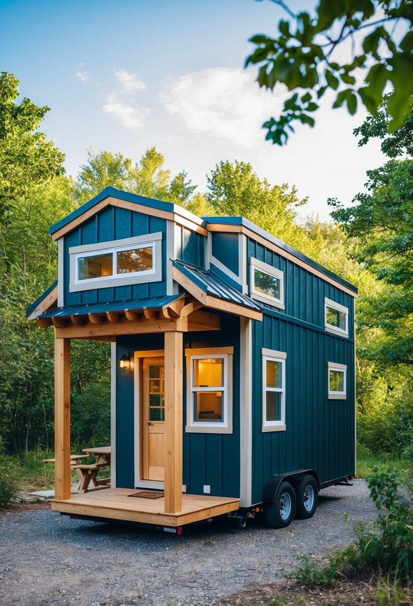 A 10x12 tiny house with a loft, built using various construction techniques, surrounded by nature and featuring a small porch and windows