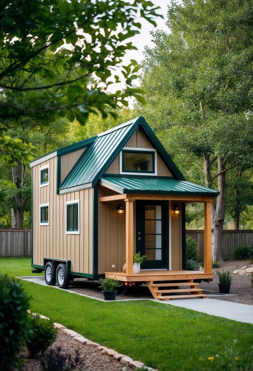 A cozy 10x12 tiny house with a loft, surrounded by trees and a small garden